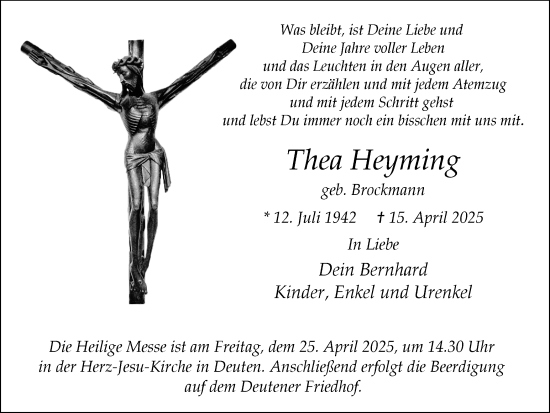 Traueranzeige von Thea Heyming von Ruhr Nachrichten und Dorstener Zeitung