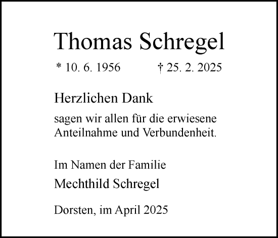 Traueranzeige von Thomas Schregel von Ruhr Nachrichten und Dorstener Zeitung