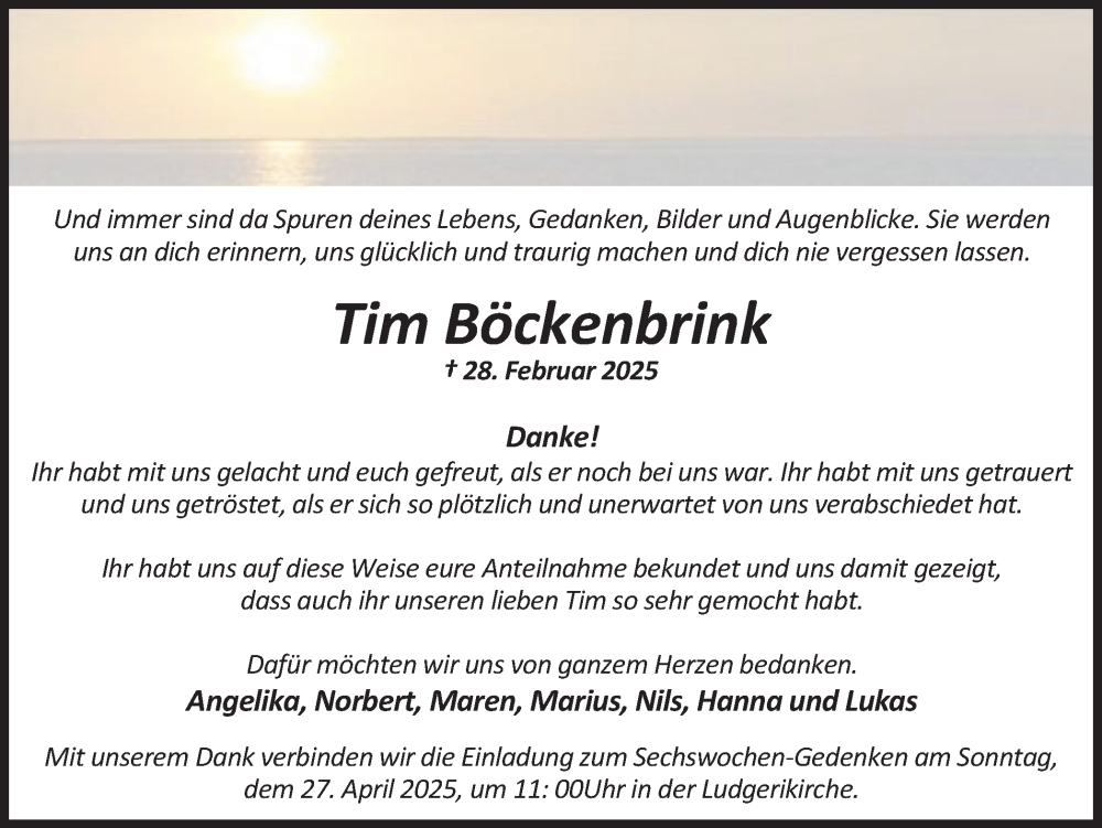  Traueranzeige für Tim Böckenbrink vom 22.04.2025 aus Ruhr Nachrichten