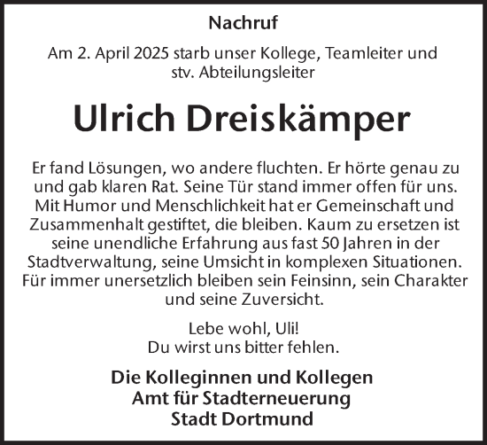 Traueranzeige von Ulrich Dreiskämper von Ruhr Nachrichten