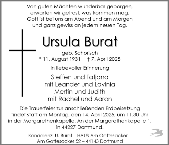 Traueranzeige von Ursula Burat