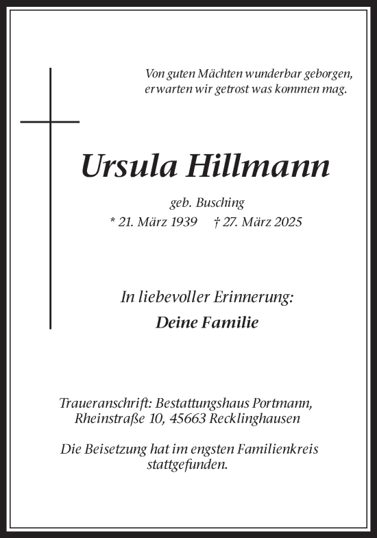Traueranzeige von Ursula Hillmann von Trauer Vest