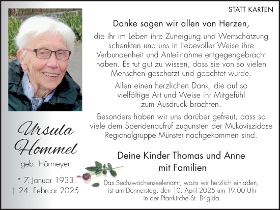 Traueranzeige von Ursula Hommel von Münsterland Zeitung