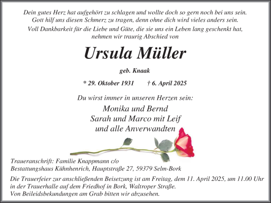 Traueranzeige von Ursula Müller von Ruhr Nachrichten