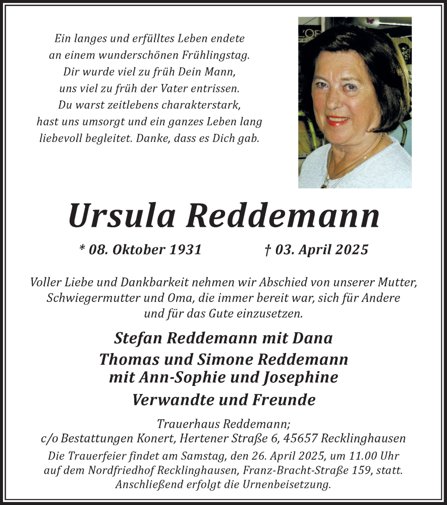  Traueranzeige für Ursula Reddemann vom 12.04.2025 aus Trauer Vest