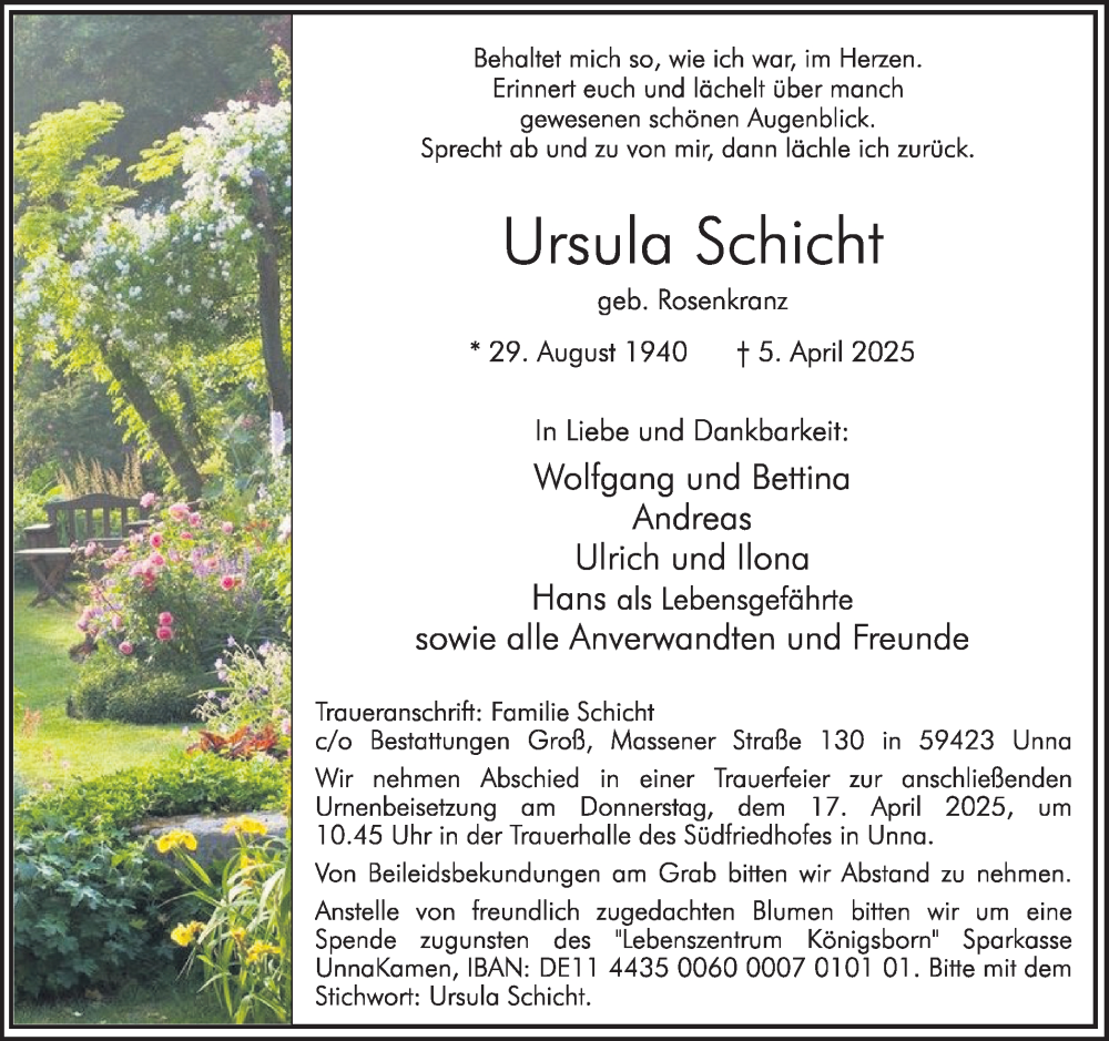  Traueranzeige für Ursula Schicht vom 12.04.2025 aus Hellweger Anzeiger