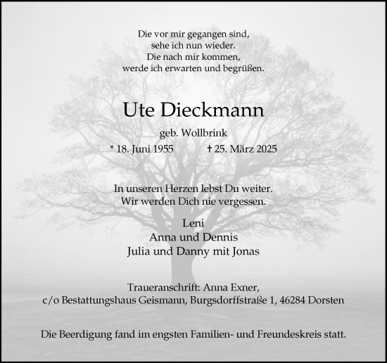 Traueranzeige von Ute Dieckmann von Ruhr Nachrichten und Dorstener Zeitung