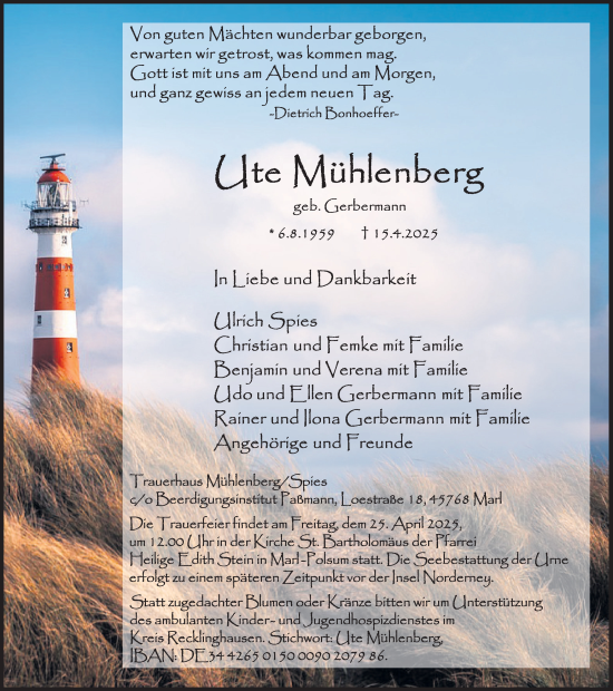 Traueranzeige von Ute Mühlenberg von Trauer Vest
