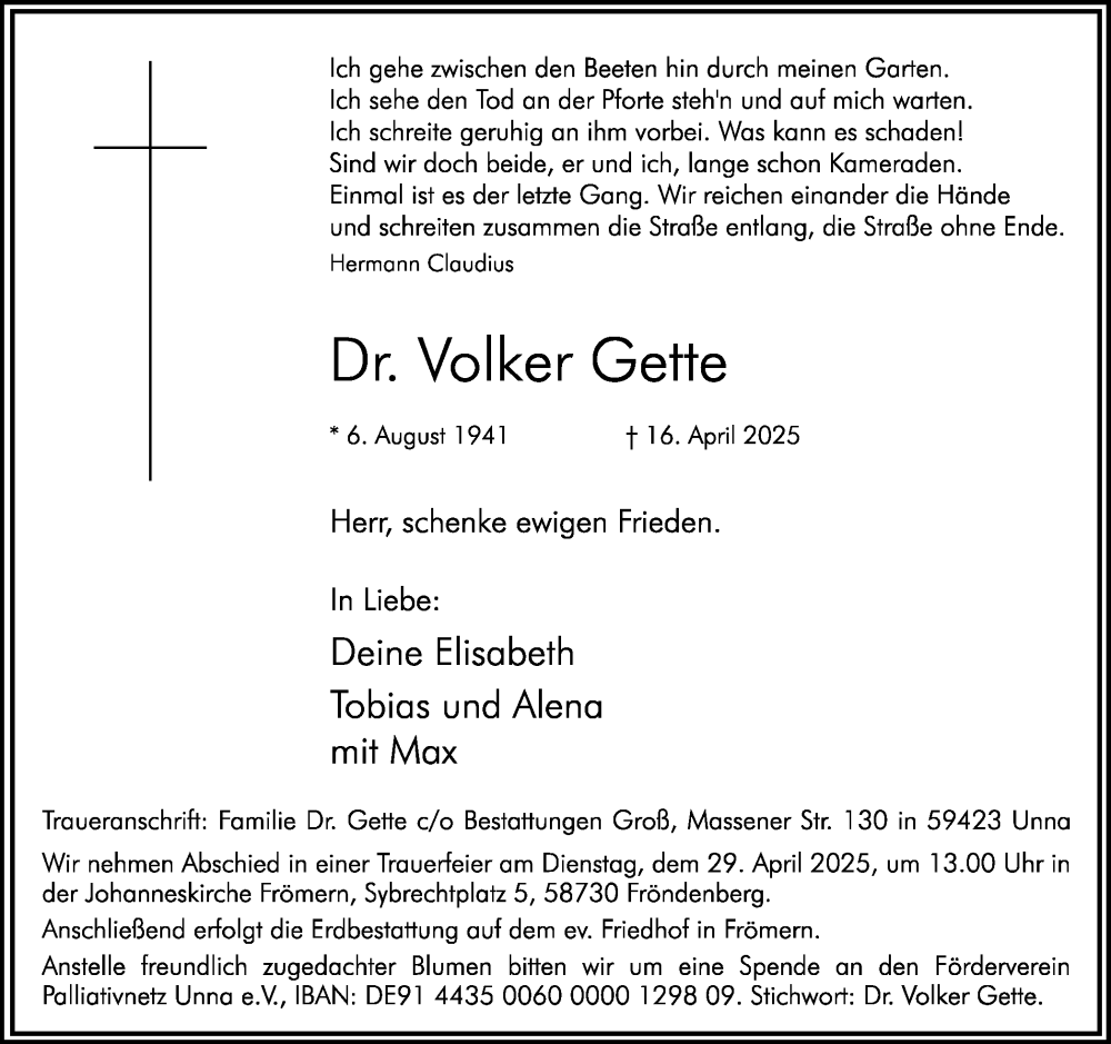  Traueranzeige für Volker Gette vom 24.04.2025 aus Hellweger Anzeiger