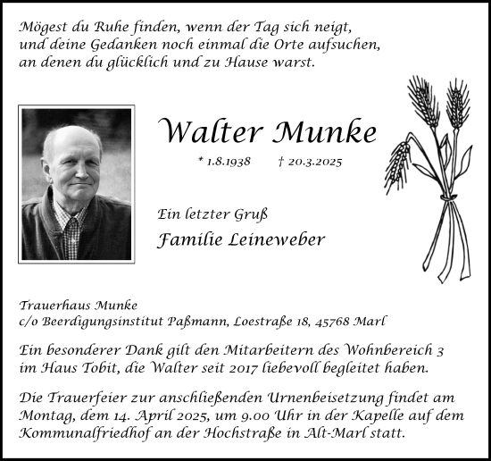 Traueranzeige von Walter Munke von Trauer Vest