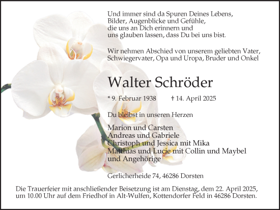 Traueranzeige von Walter Schröder von Ruhr Nachrichten und Dorstener Zeitung