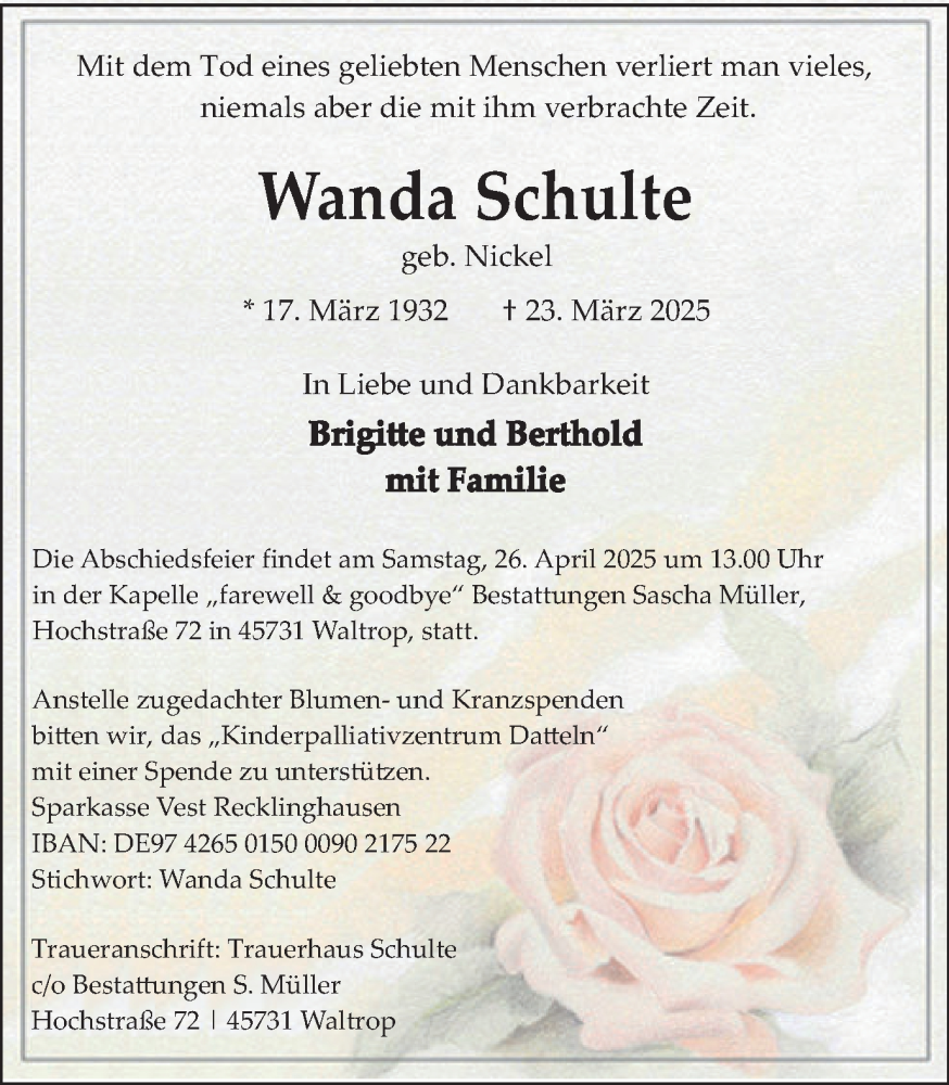  Traueranzeige für Wanda Schulte vom 12.04.2025 aus Trauer Vest