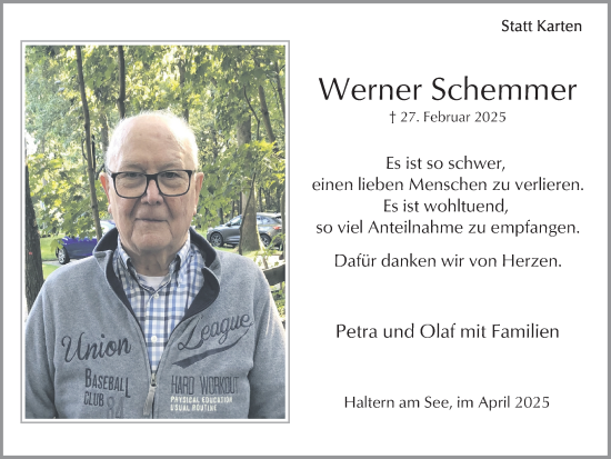 Traueranzeige von Werner Schemmer von Ruhr Nachrichten und Halterner Zeitung