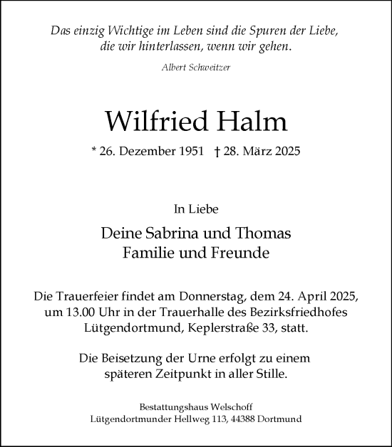 Traueranzeige von Wilfried Halm von Ruhr Nachrichten