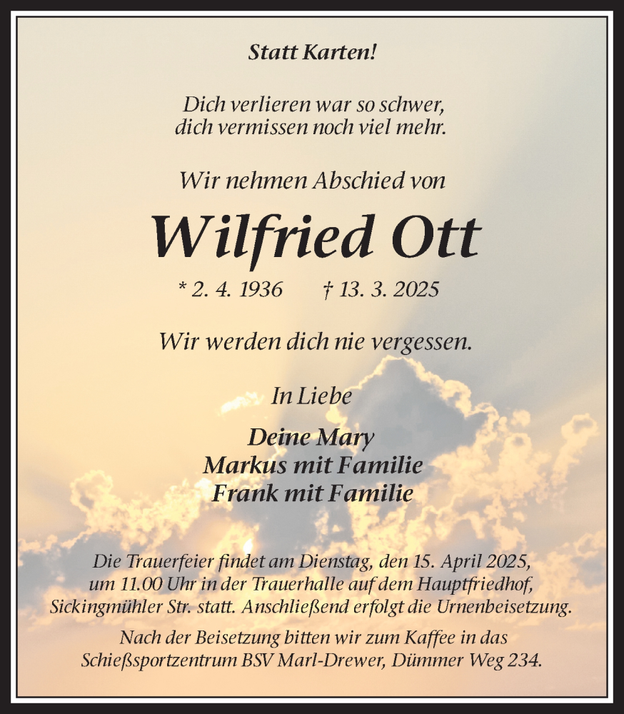  Traueranzeige für Wilfried Ott vom 05.04.2025 aus Trauer Vest