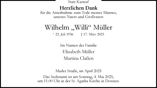 Traueranzeige von Wilhelm Müller von Ruhr Nachrichten und Dorstener Zeitung