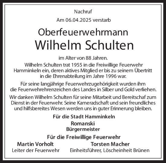 Traueranzeige von Wilhelm Schulten 