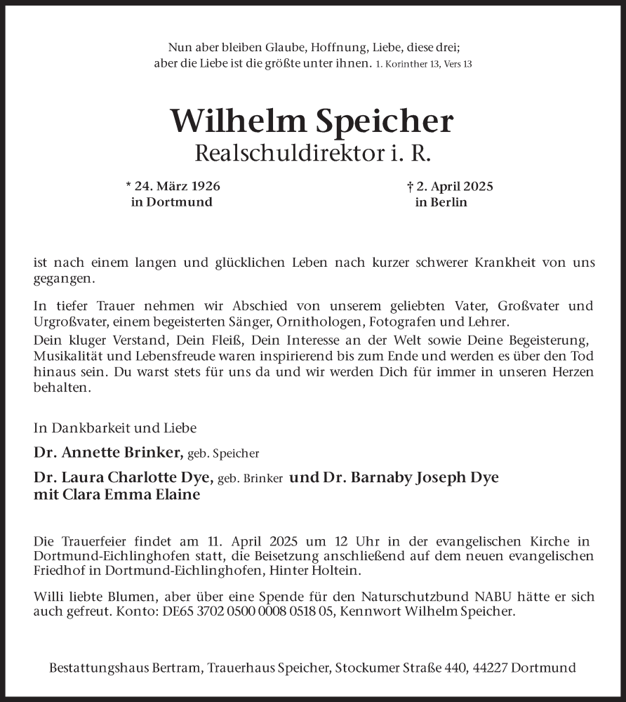  Traueranzeige für Wilhelm Speicher vom 05.04.2025 aus Ruhr Nachrichten