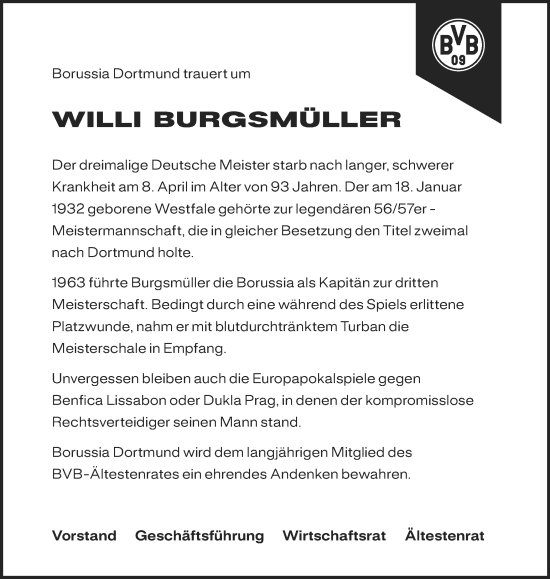 Traueranzeige von Willi Burgsmüller von Ruhr Nachrichten