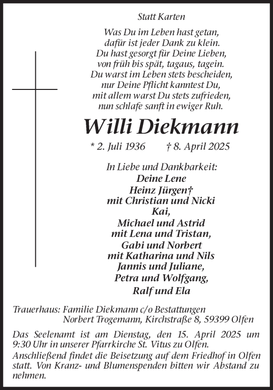 Traueranzeige von Willi Diekmann von Ruhr Nachrichten