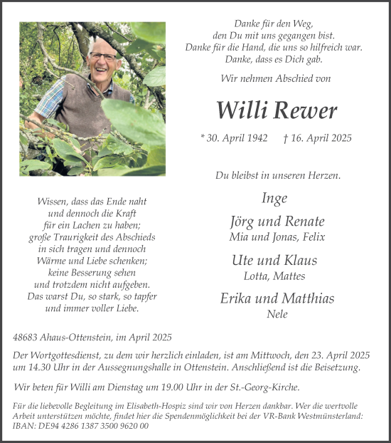 Traueranzeige von Willi Rewer von Münsterland Zeitung