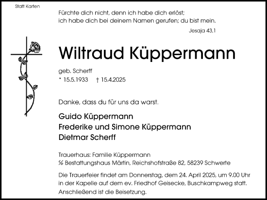 Traueranzeige von Wiltraud Küppermann von Ruhr Nachrichten