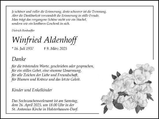 Traueranzeige von Winfried Aldenhoff von Ruhr Nachrichten und Dorstener Zeitung