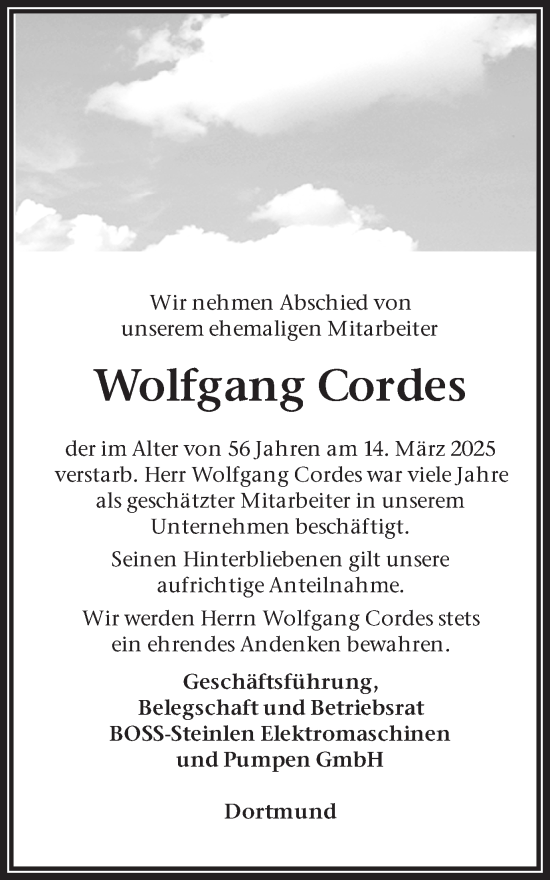 Traueranzeige von Wolfgang Cordes von Trauer Vest