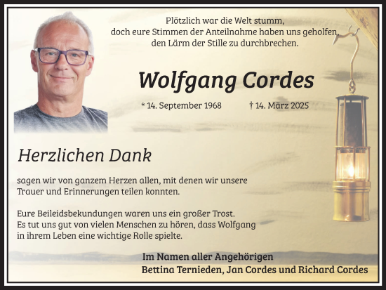 Traueranzeige von Wolfgang Cordes von Ruhr Nachrichten