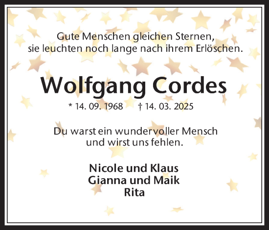 Traueranzeige von Wolfgang Cordes von Trauer Vest