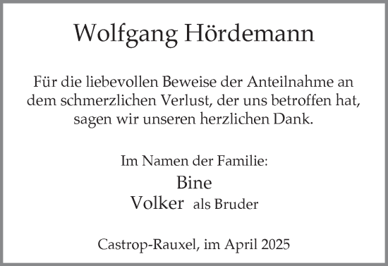 Traueranzeige von Wolfgang Hördemann von Stadtanzeiger Castrop-Rauxel