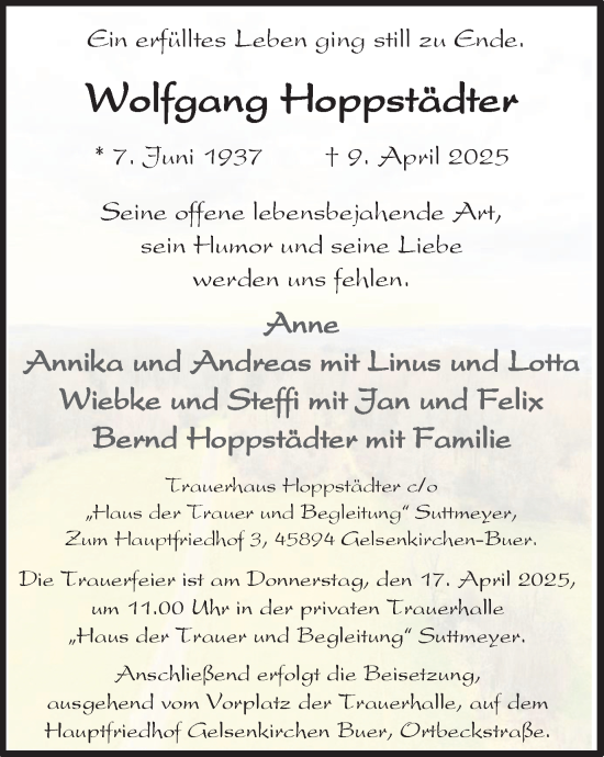 Traueranzeige von Wolfgang Hoppstädter von Trauer Vest