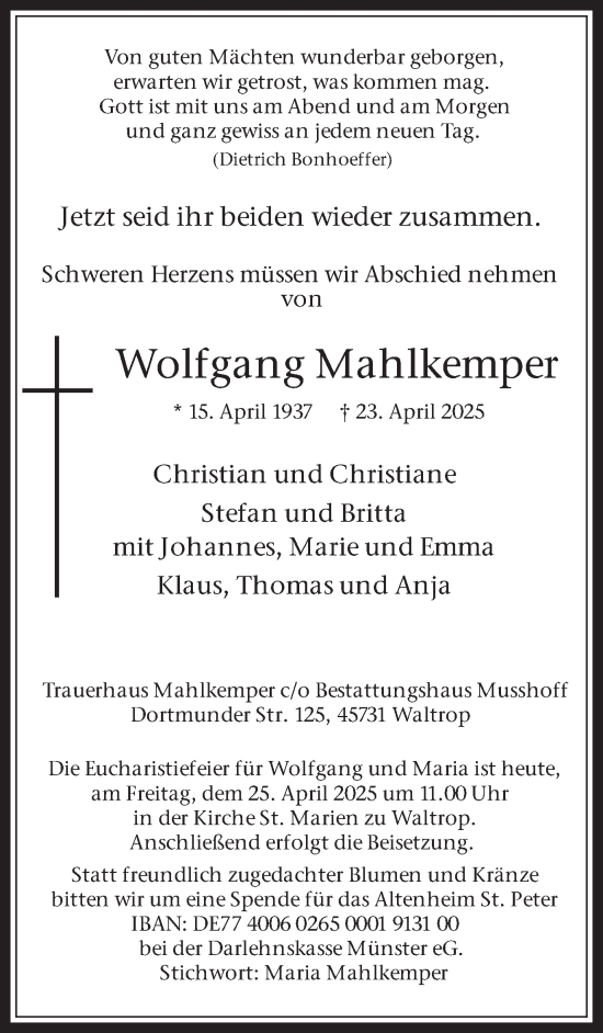 Traueranzeige von Wolfgang Mahlkemper von Trauer Vest