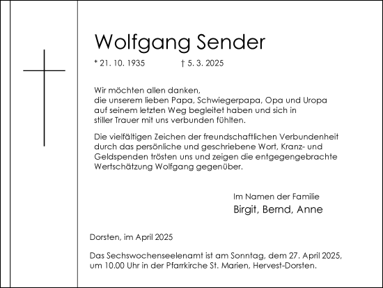 Traueranzeige von Wolfgang Sender von Ruhr Nachrichten und Dorstener Zeitung