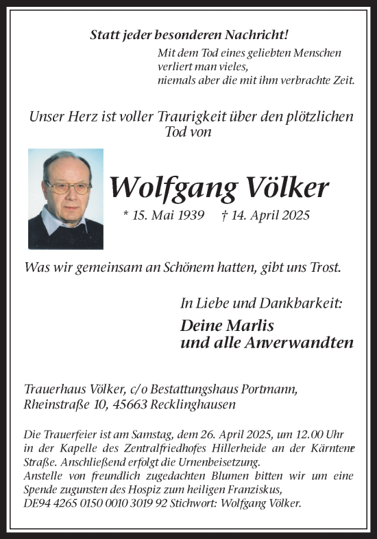 Traueranzeige von Wolfgang Völker von Trauer Vest