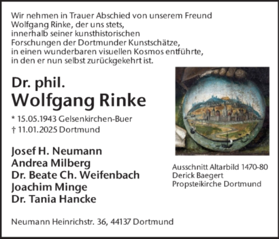 Traueranzeige von Wolfgang Rinke von Ruhr Nachrichten