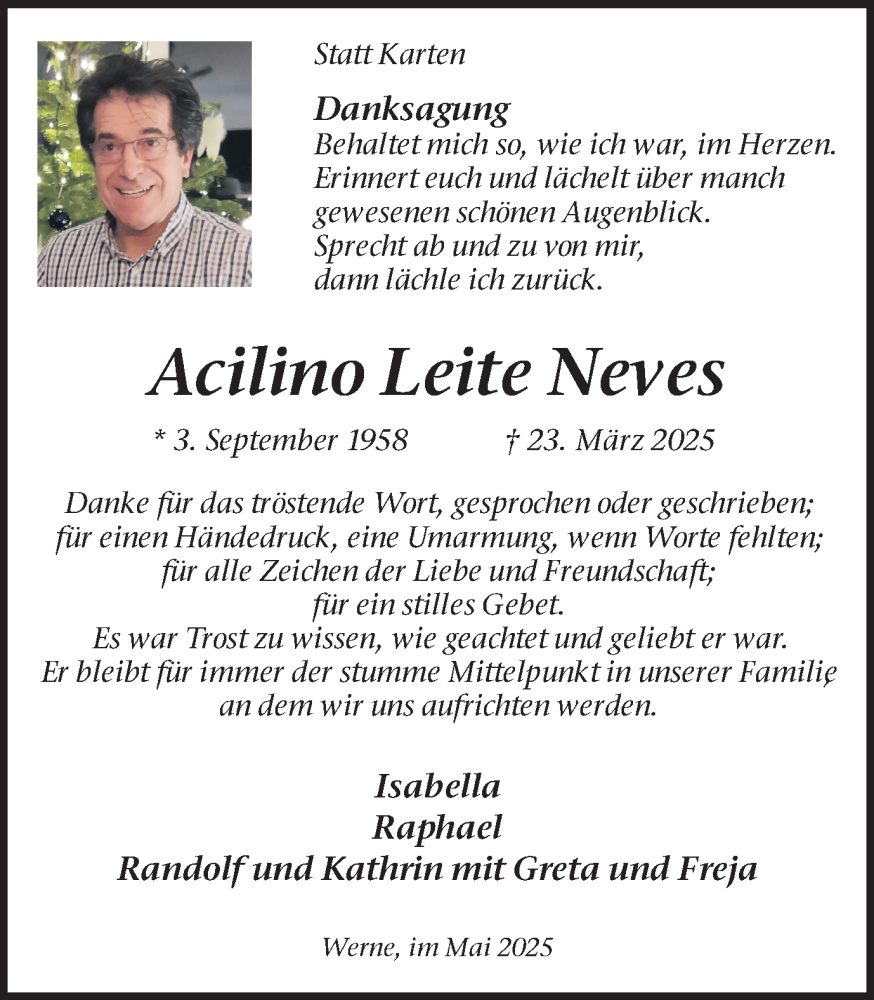 Traueranzeige für Acilino Leite Neves vom 03.05.2025 aus Ruhr Nachrichten