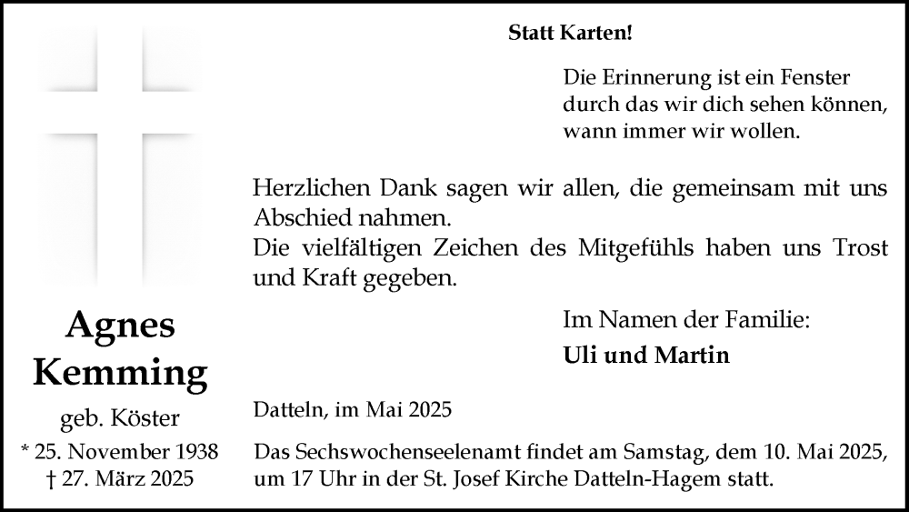  Traueranzeige für Agnes Kemming vom 03.05.2025 aus Trauer Vest