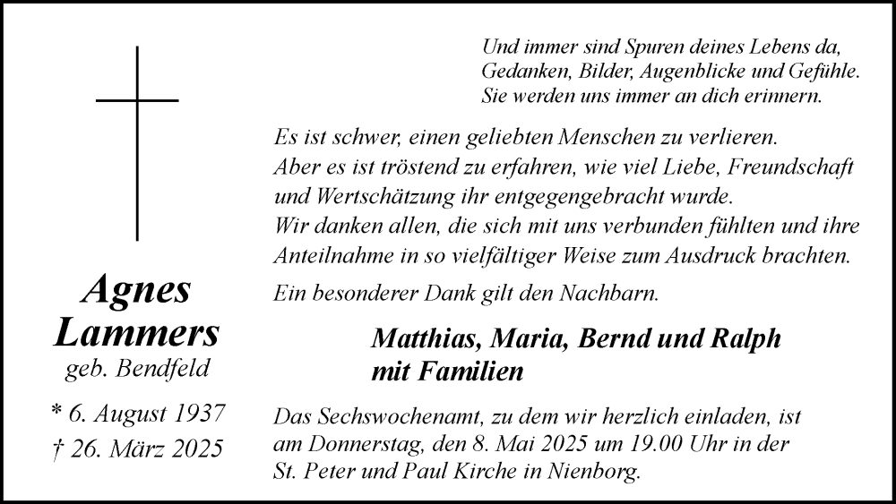  Traueranzeige für Agnes Lammers vom 03.05.2025 aus Hellweger Anzeiger