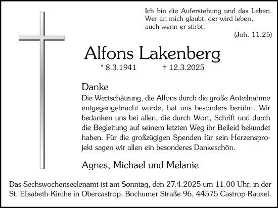 Traueranzeige von Alfons Lakenberg von Stadtanzeiger Castrop-Rauxel