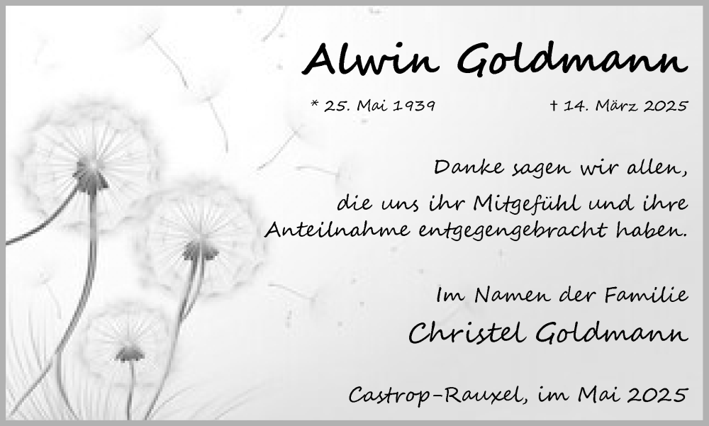  Traueranzeige für Alwin Goldmann vom 10.05.2025 aus Stadtanzeiger Castrop-Rauxel