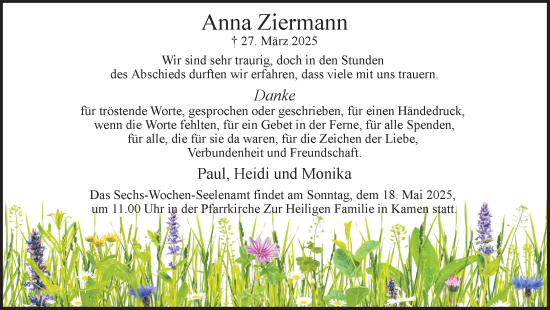 Traueranzeige von Anna Ziermann von Hellweger Anzeiger