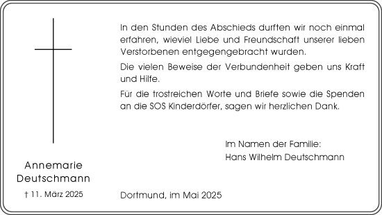Traueranzeige von Annemarie Deutschmann von Ruhr Nachrichten
