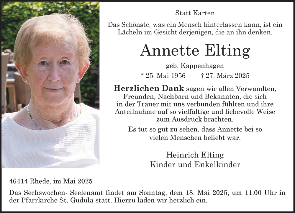  Traueranzeige für Annette Elting vom 14.05.2025 aus 