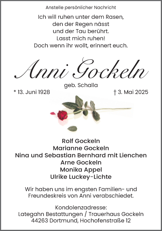 Traueranzeige von Anni Gockeln von Ruhr Nachrichten