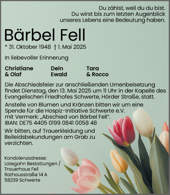 Traueranzeige von Bärbel Fell von Ruhr Nachrichten