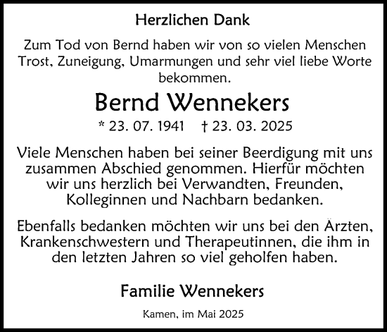 Traueranzeige von Bernd Wennekers von Hellweger Anzeiger