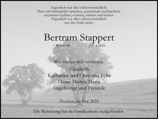 Traueranzeige von Bertram Stappert von Ruhr Nachrichten und Dorstener Zeitung
