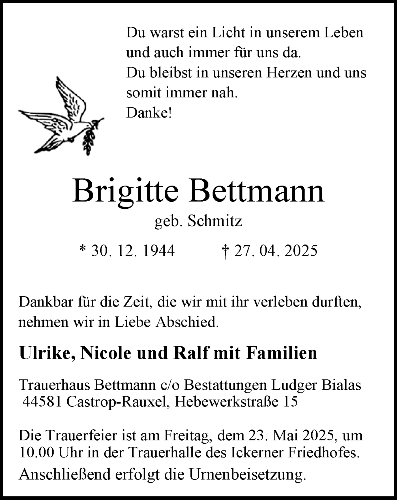  Traueranzeige für Brigitte Bettmann vom 17.05.2025 aus Stadtanzeiger Castrop-Rauxel