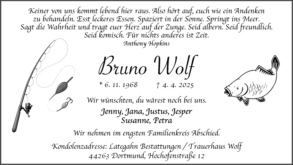  Traueranzeige für Bruno Wolf vom 19.04.2025 aus Ruhr Nachrichten